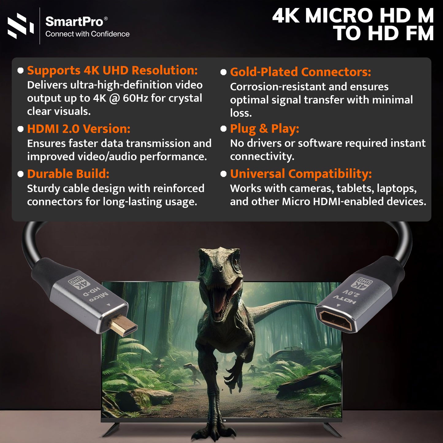 SmartPro 4K MICRO HDMI TO HDMI FEMALE 60Hz CABLE (METAL PLUG)
