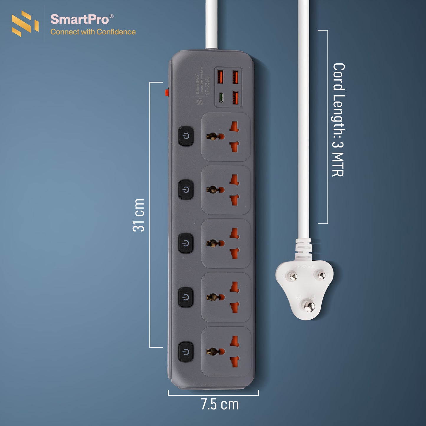 SmartPro POWER STRIP 5+5 WITH 3 USB+TYPE C 2.5A (3MTR)
