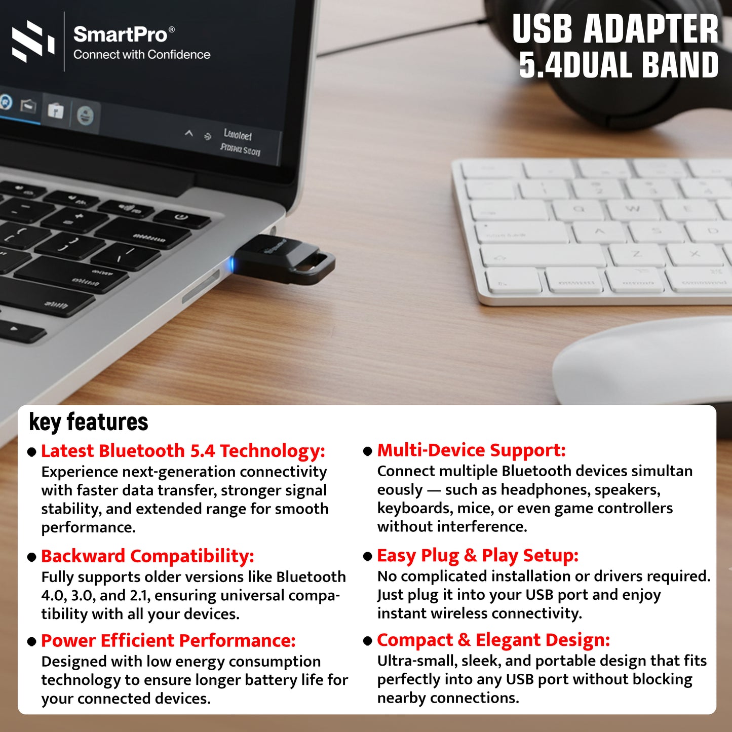 SmartPro USB BLUETOOTH ADAPTER 5.4 (120 MTR) DUAL BAND