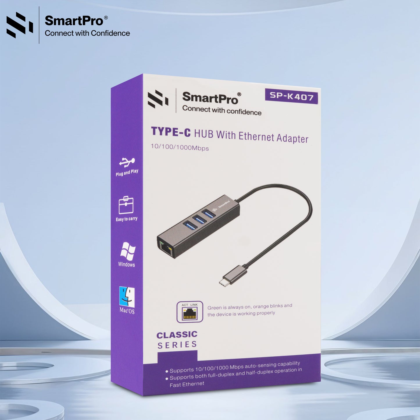 SmartPro TYPE C TO LAN + HUB 1000 MBPS (Metal Body)