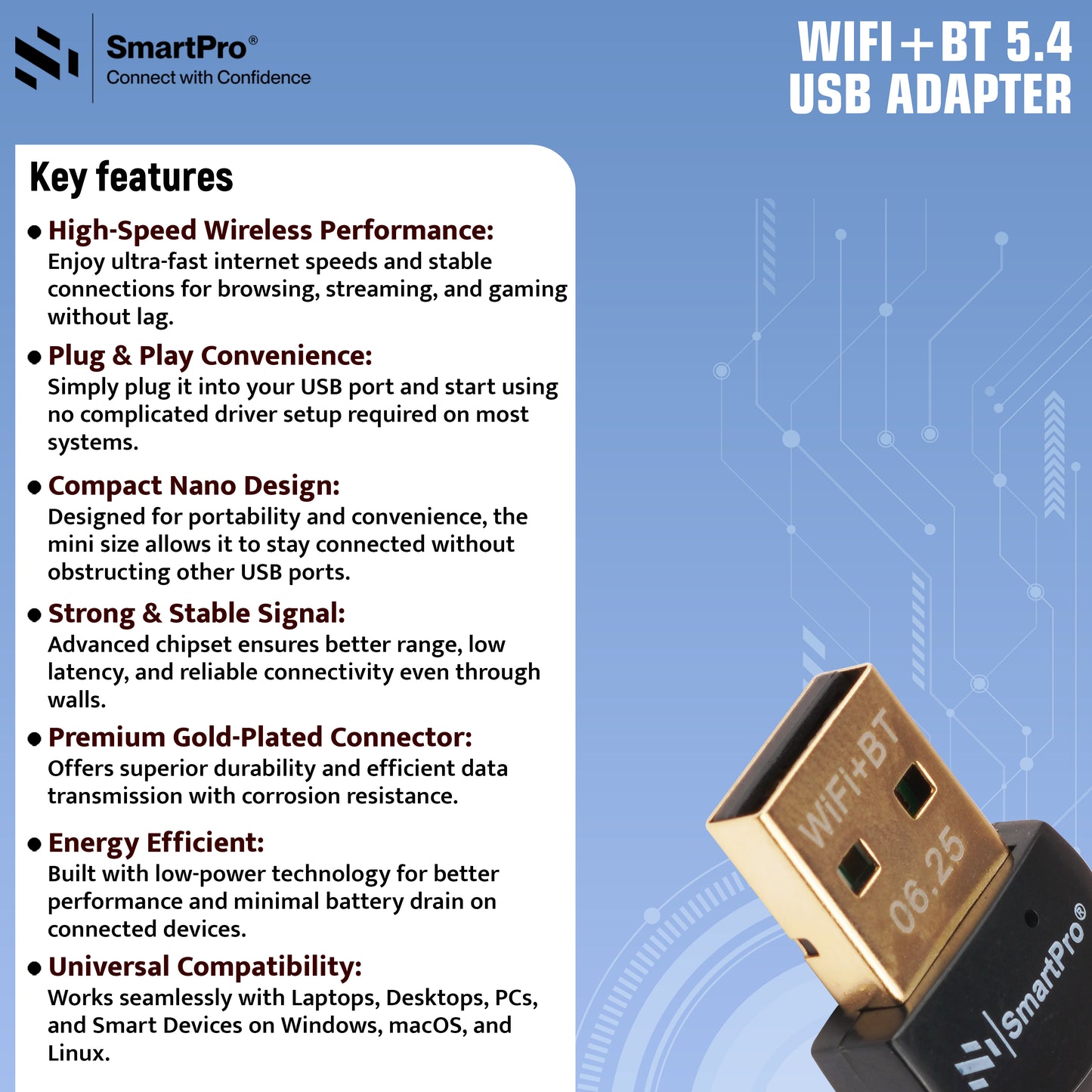 SmartPro USB ADAPTER 5.4 WIFI +BT 2IN1 (300MBPS WIFI + BLUETOOTH)