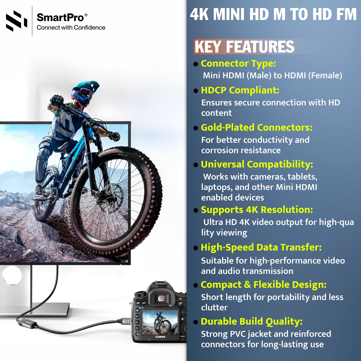 SmartPro 4K MINI HDMI TO HDMI FEMALE 60Hz CABLE ( METAL PLUG)