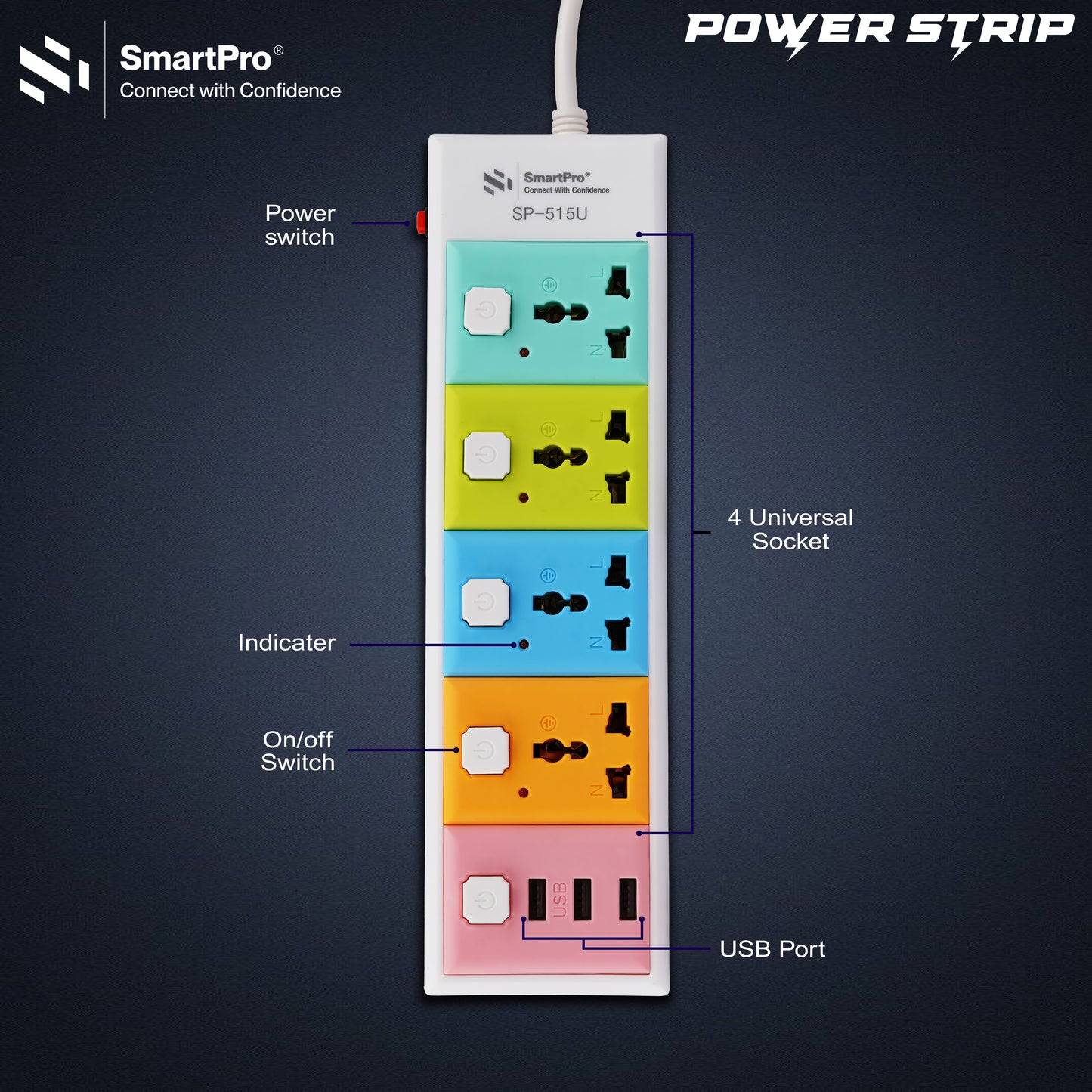 SmartPro POWER STRIP 4+4 WITH USB (1.8 MTR)