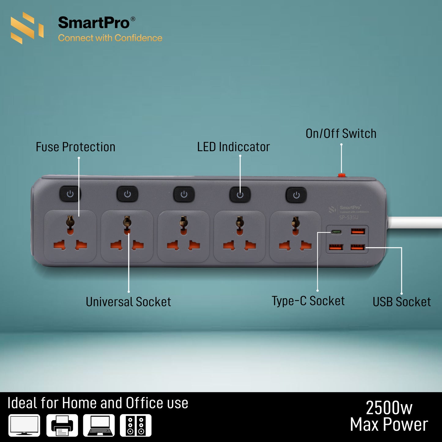 SmartPro POWER STRIP 5+5 WITH 3 USB+TYPE C 2.5A (3MTR)