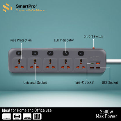 SmartPro POWER STRIP 5+5 WITH 3 USB+TYPE C 2.5A (3MTR)