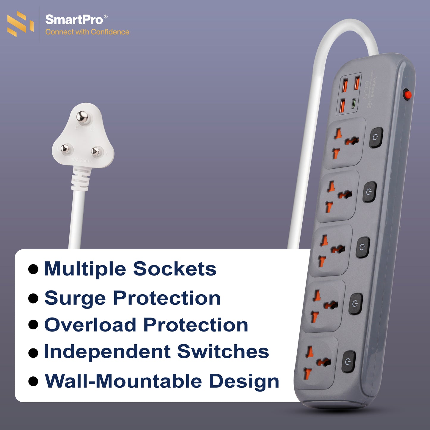 SmartPro POWER STRIP 5+5 WITH 3 USB+TYPE C 2.5A (3MTR)