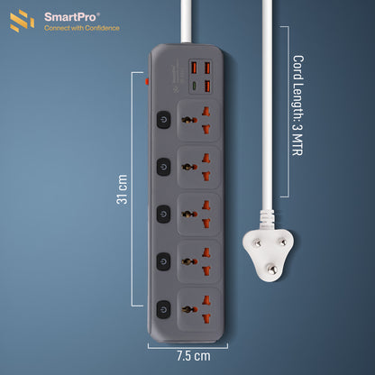 SmartPro POWER STRIP 5+5 WITH 3 USB+TYPE C 2.5A (3MTR)