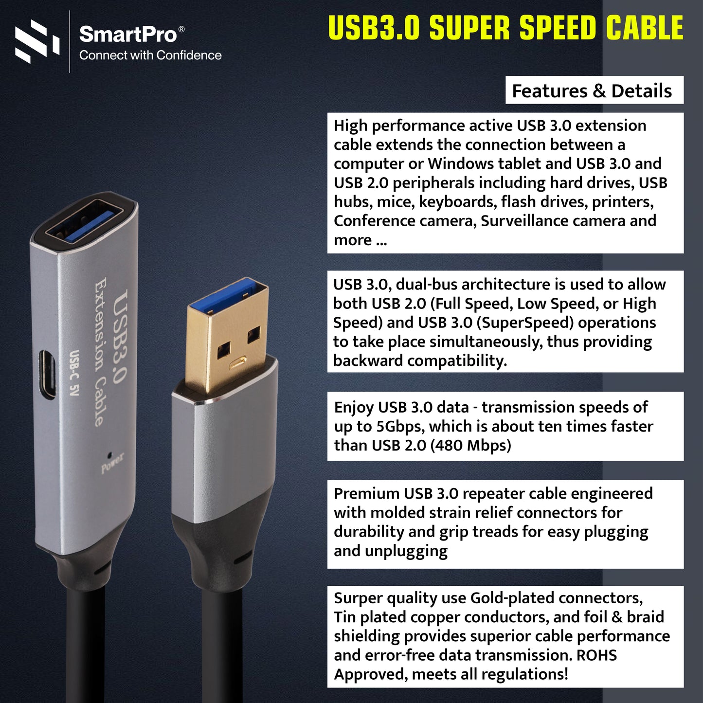 SmartPro USB 3.0 ACTIVE EXTENSION CABLE (METAL PLUG)