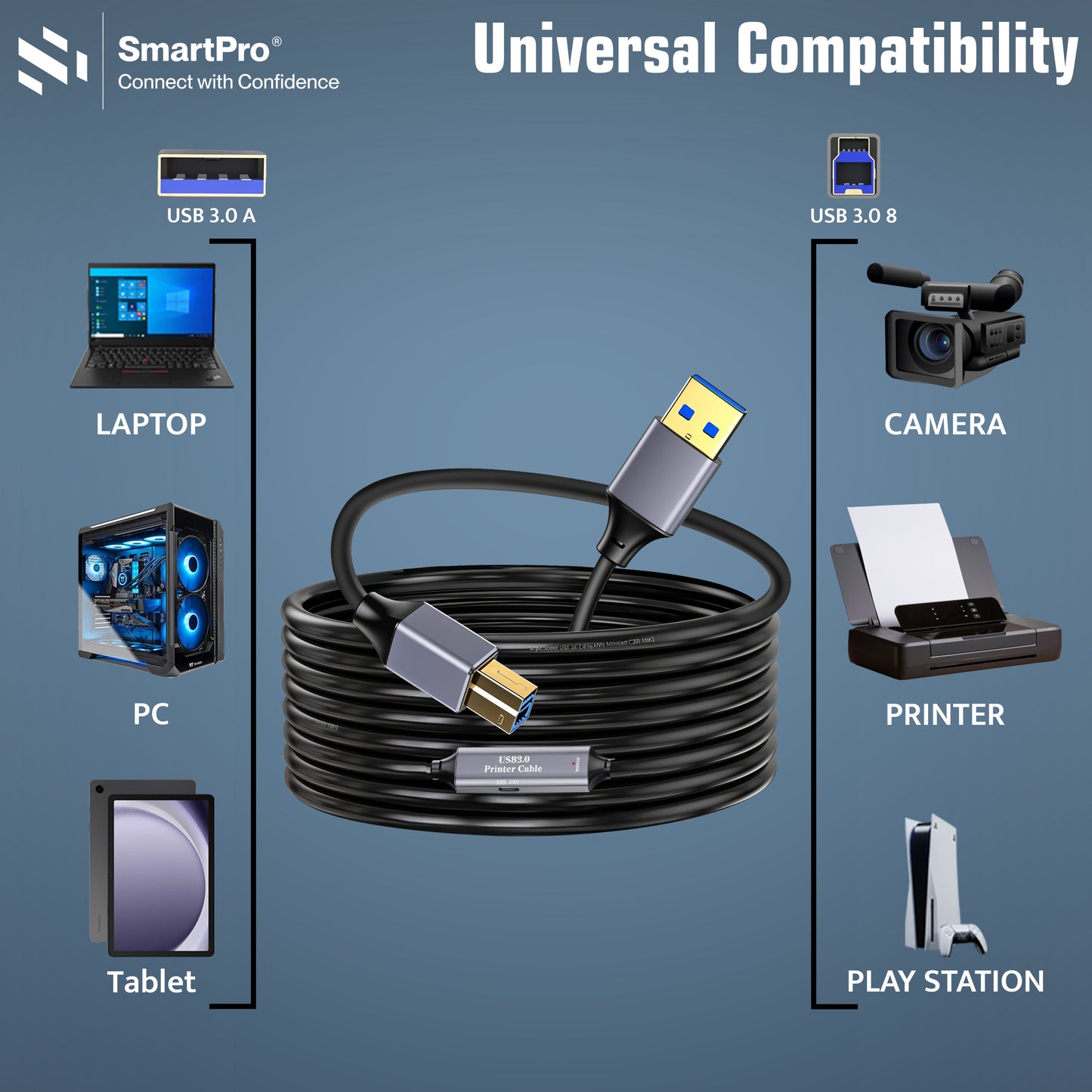SmartPro USB 3.0 ACTIVE PRINTER CABLE (METAL PLUG)