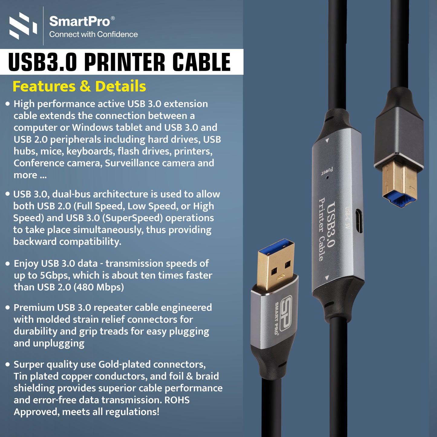 SmartPro USB 3.0 ACTIVE PRINTER CABLE (METAL PLUG)