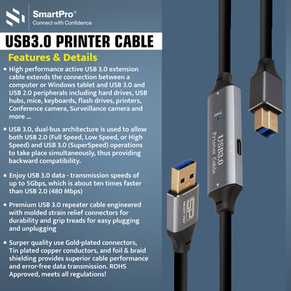 SmartPro USB 3.0 ACTIVE PRINTER CABLE (METAL PLUG)
