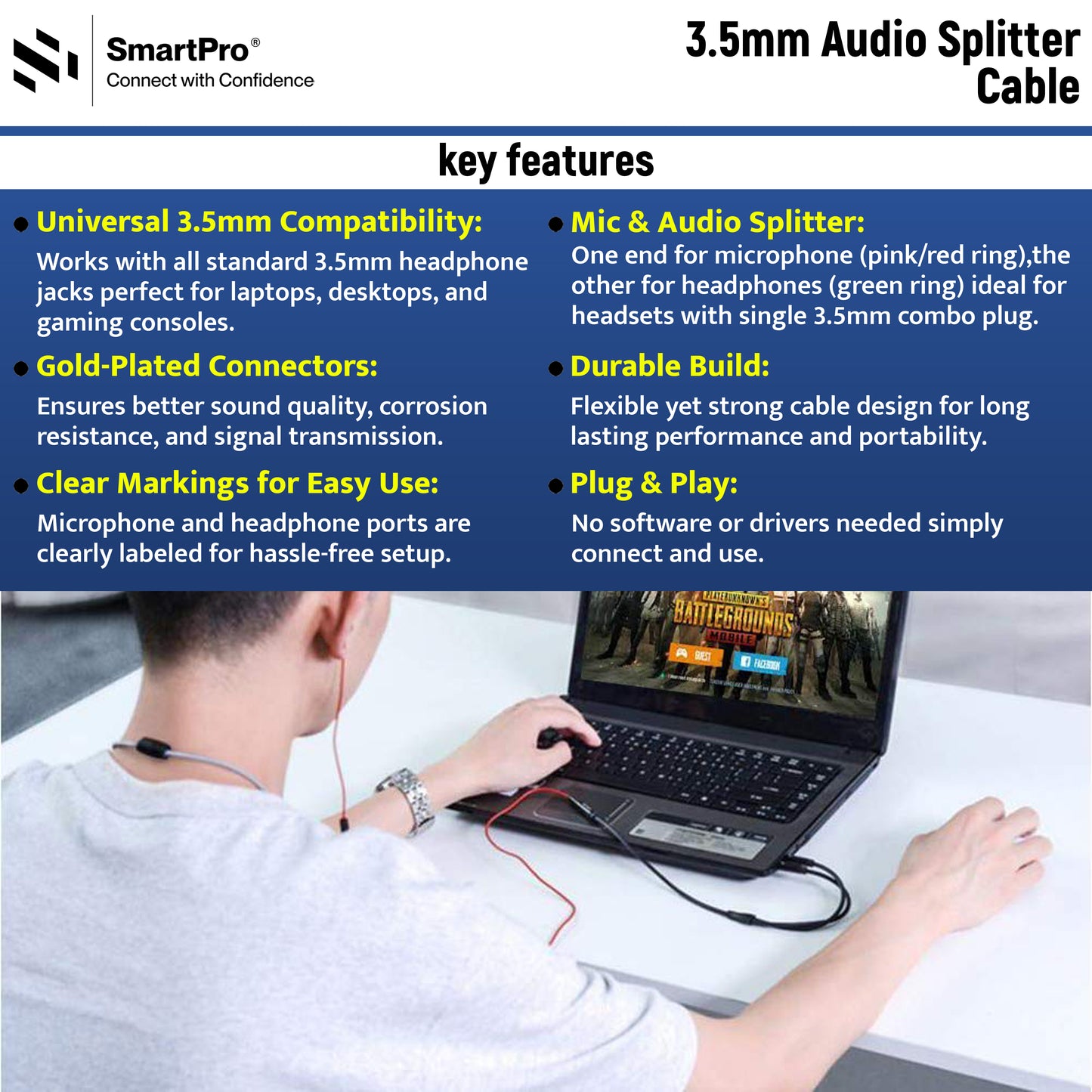 SmartPro AUX Y CABLE METAL PLUG HP+MIC (2MALE/1FEMALE)