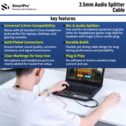 SmartPro AUX Y CABLE METAL PLUG HP+MIC (2MALE/1FEMALE)