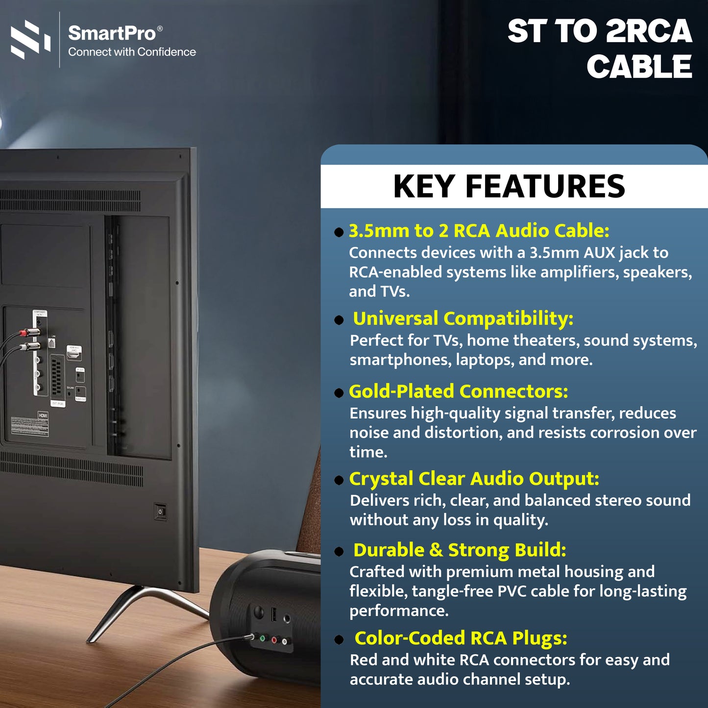 SmartPro AUX TO 2 RCA CABLE METAL PLUG