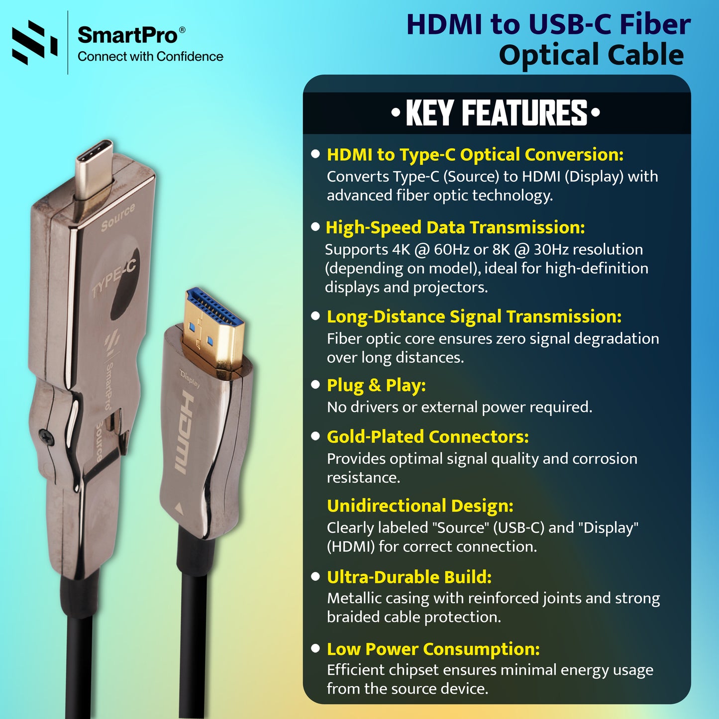 SmartPro HDMI To Type C 2.0 Optical Fiber 4k@60Hz Cable