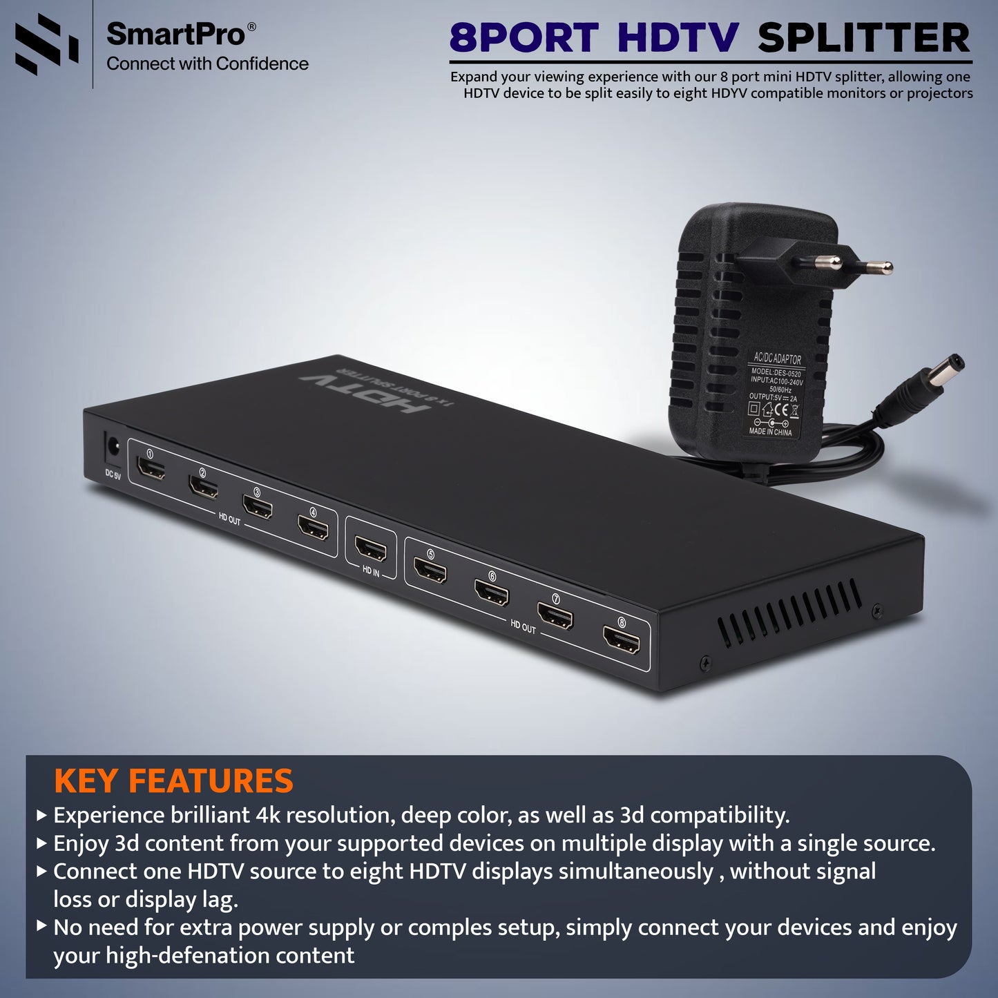 SmartPro 8 PORT HDMI SPLITTER (Metal Body)