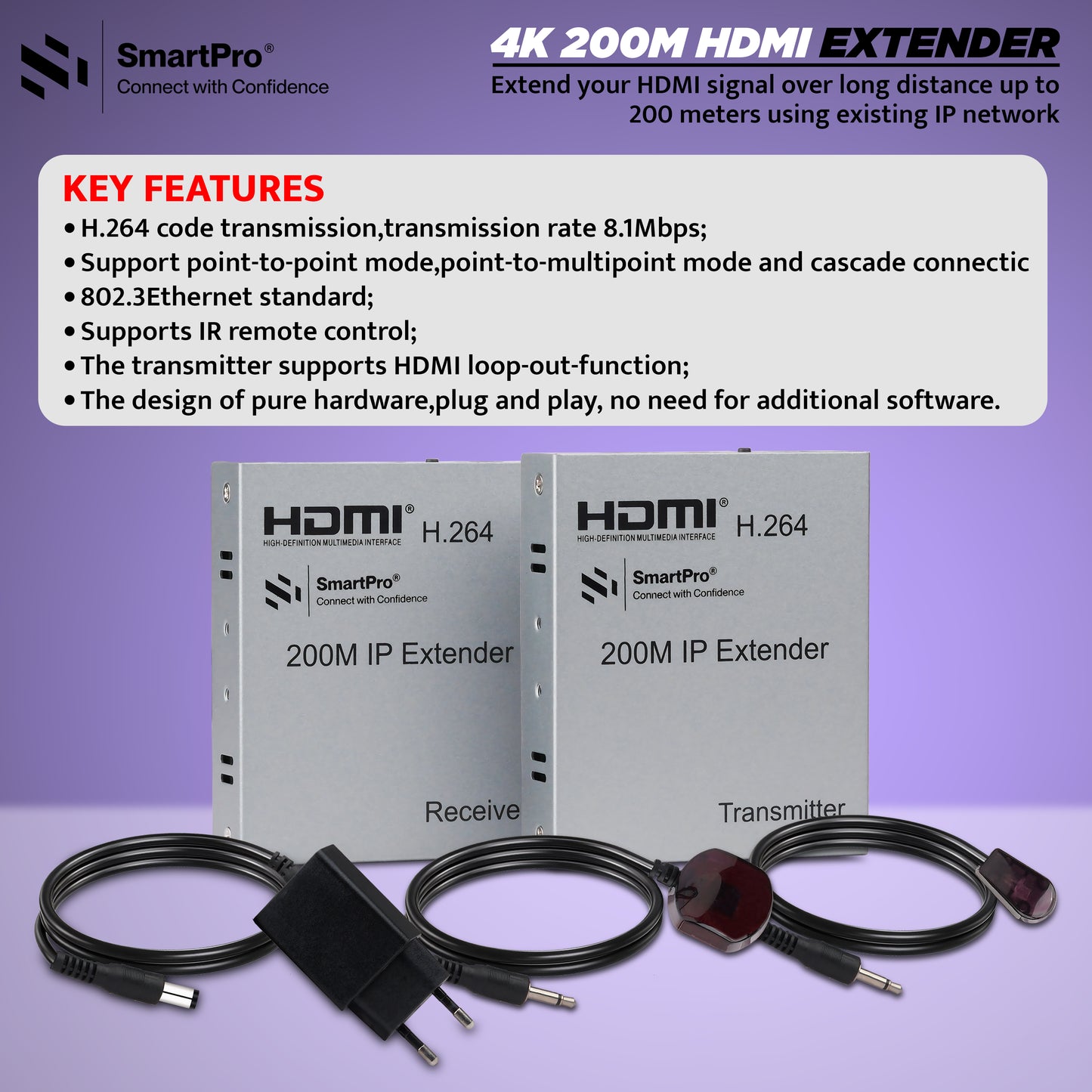 SmartPro 4K 200 MTR HDMI EXTENDER (Metal Body)