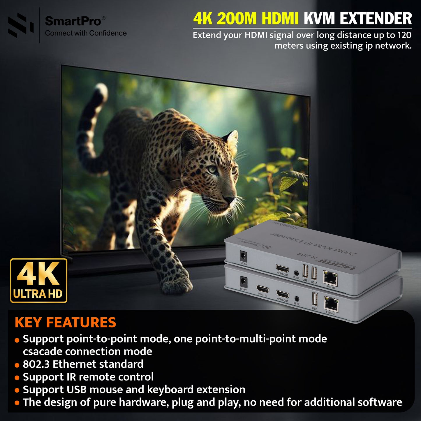 SmartPro 4K 200 MTR HDMI KVM EXTENDER (Metal Body)