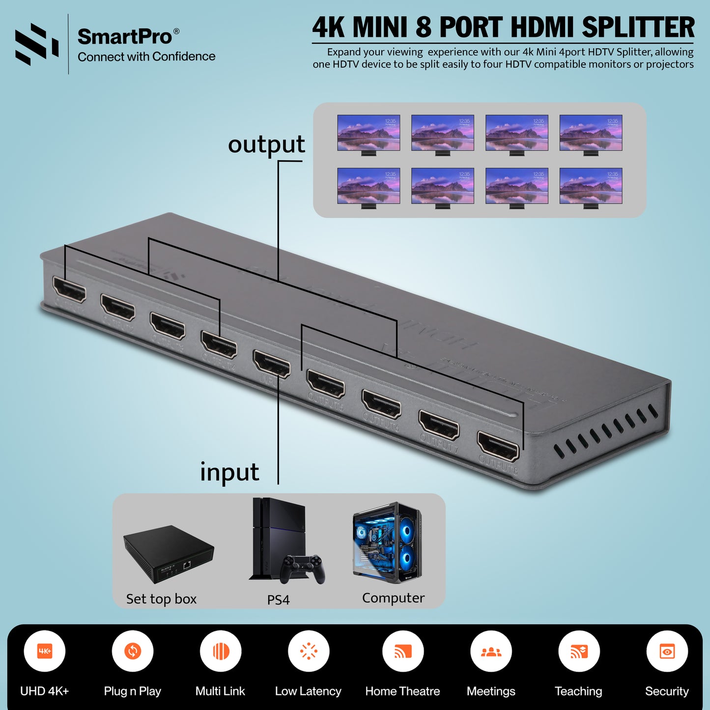 SmartPro 4K MINI 8 PORT HDMI SPLITTER (Metal Body)