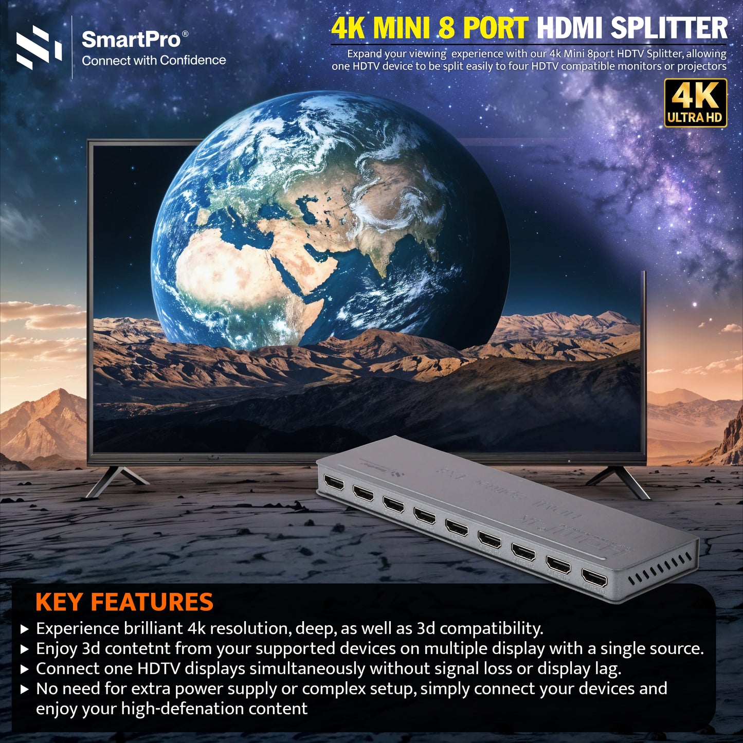 SmartPro 4K MINI 8 PORT HDMI SPLITTER (Metal Body)