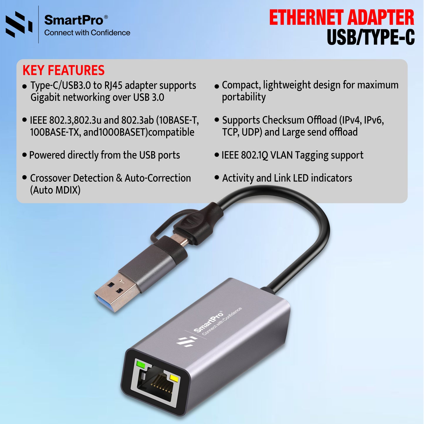 SmartPro USB 3.0+ TYPE C-LAN 1000 MBPS (Metal Body)