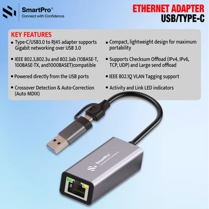 SmartPro USB 3.0+ TYPE C-LAN 1000 MBPS (Metal Body)