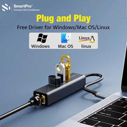 SmartPro TYPE C TO LAN + HUB 1000 MBPS (Metal Body)