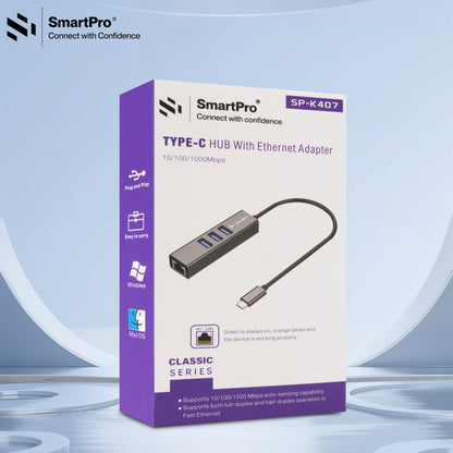 SmartPro TYPE C TO LAN + HUB 1000 MBPS (Metal Body)