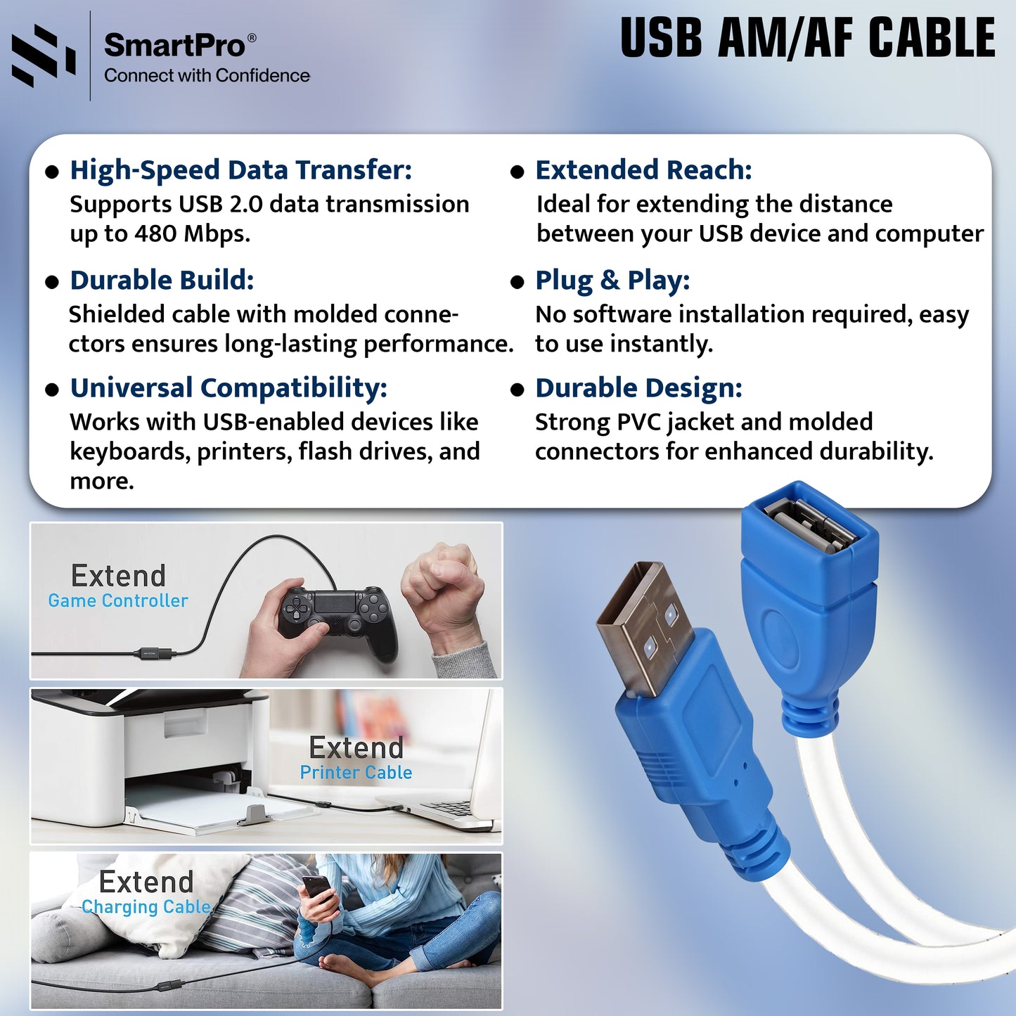 SmartPro USB EXTENSION CABLE (WHITE/BLUE)