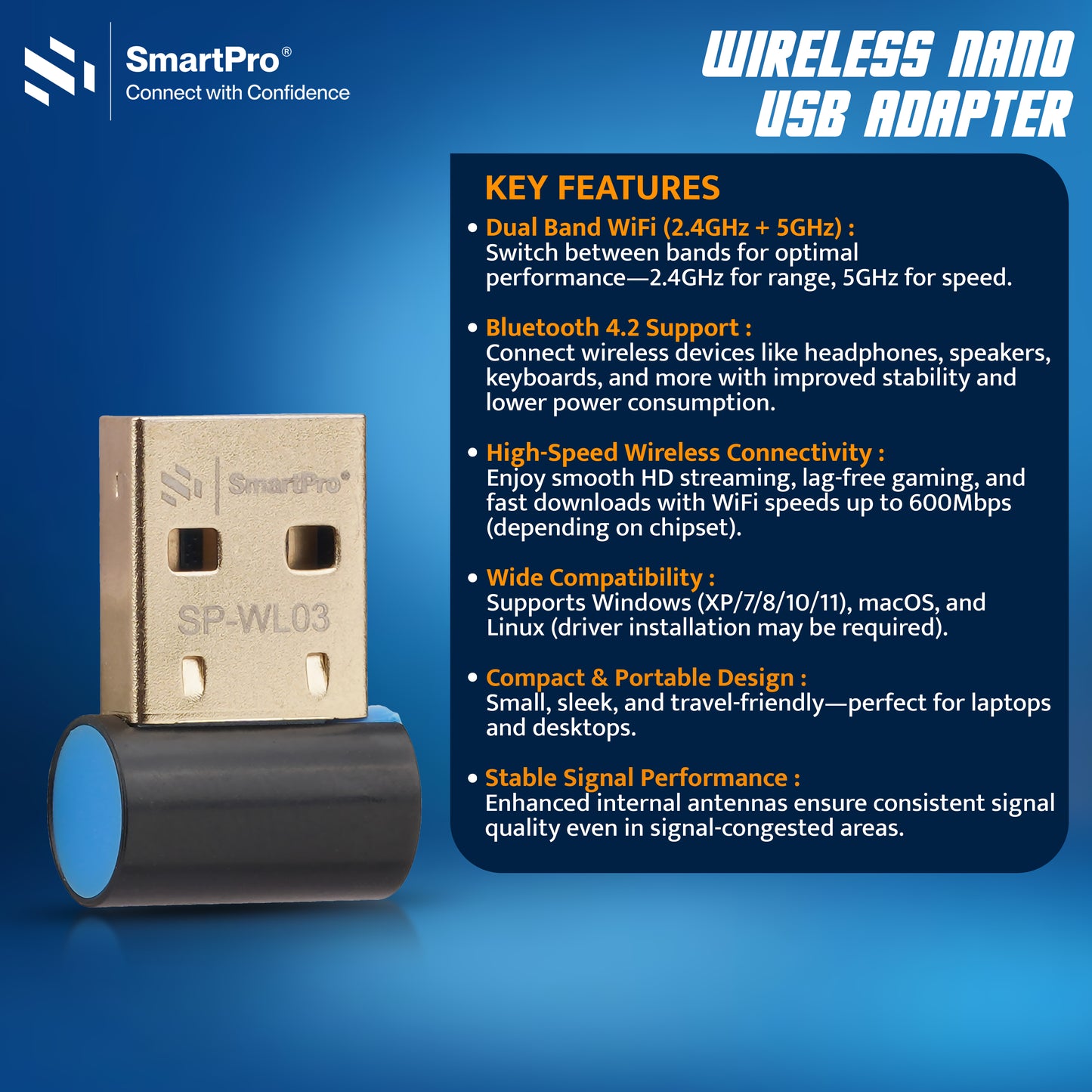 SmartPro 5G WIFI +BT 2IN1 DUAL BAND ADAPTOR (600MBPS WIFI + BLUETOOTH 4.2)