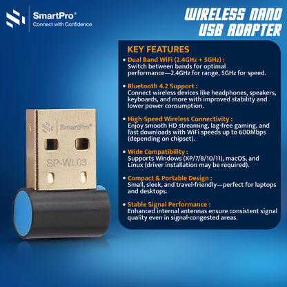SmartPro 5G WIFI +BT 2IN1 DUAL BAND ADAPTOR (600MBPS WIFI + BLUETOOTH 4.2)