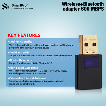 SmartPro 5G WIFI +BT 2IN1 DUAL BAND ADAPTOR (600MBPS WIFI + BLUETOOTH 5.0)