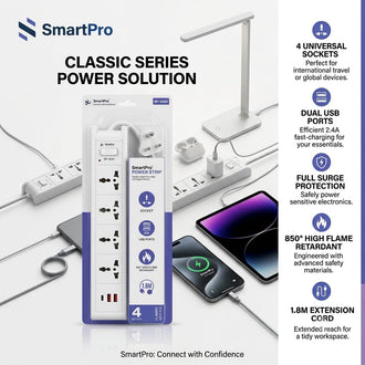 SmartPro Power Strip 5 Socket with 2 USB Ports + 1 USB-C PD Fast Charging | 1.8 Meter Cable