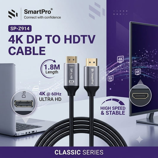 SmartPro 4K DisplayPort (DP) to HDMI Cable – 4K @ 60Hz Ultra HD