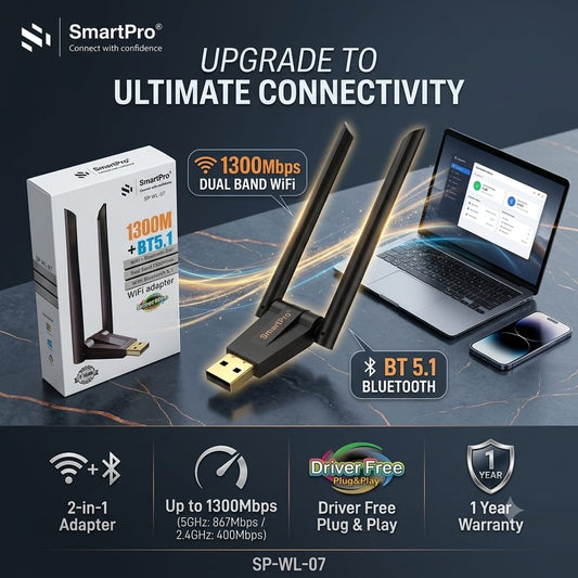 SmartPro Dual Band USB WiFi Adapter 1300Mbps + Bluetooth 5.1 | USB 3.0 | 2.4GHz &amp; 5GHz | High-Speed Wireless Network Adapter