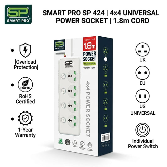 SmartPro Spike Guard 4+4 with Surge Protector – 1.8 Meter Extension Board